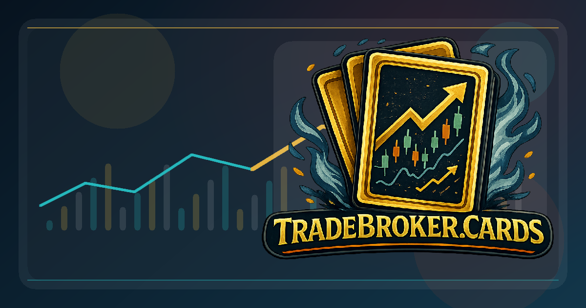TradeBroker Cards preview with stylized trading cards and a market chart